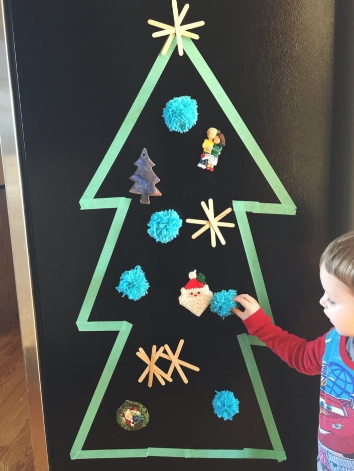 repurpose old and handmade ornaments into magnets! add some tape for a cute Advent calendar tree.