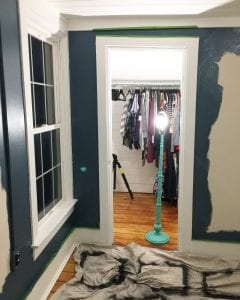 master bedroom dark paint going up, white trim